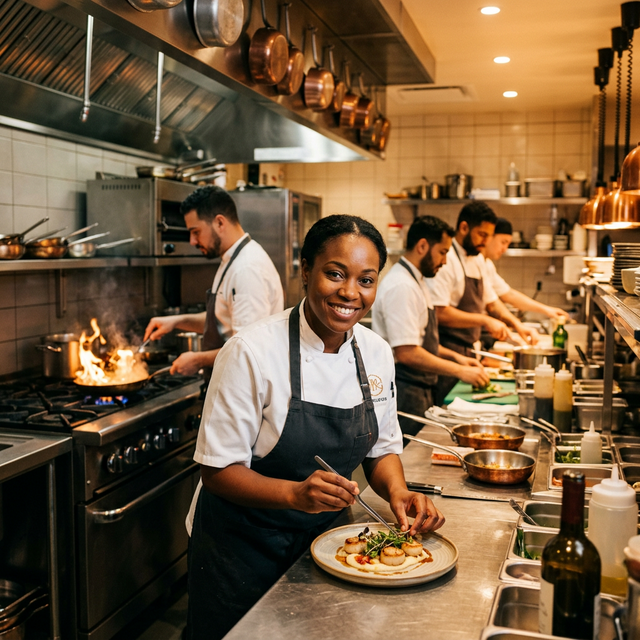 Chef team in busy restaurant kitchen